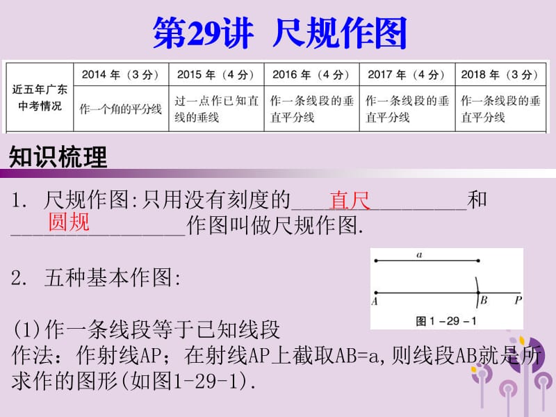 广东省2019年中考数学复习 第一部分 知识梳理 第七章 图形的变换 第29讲 尺规作图课件.ppt_第1页