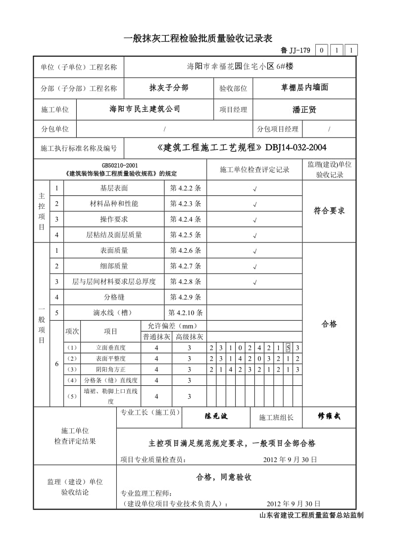 住宅小区一般抹灰工程检验批质量验收记录表.doc_第1页