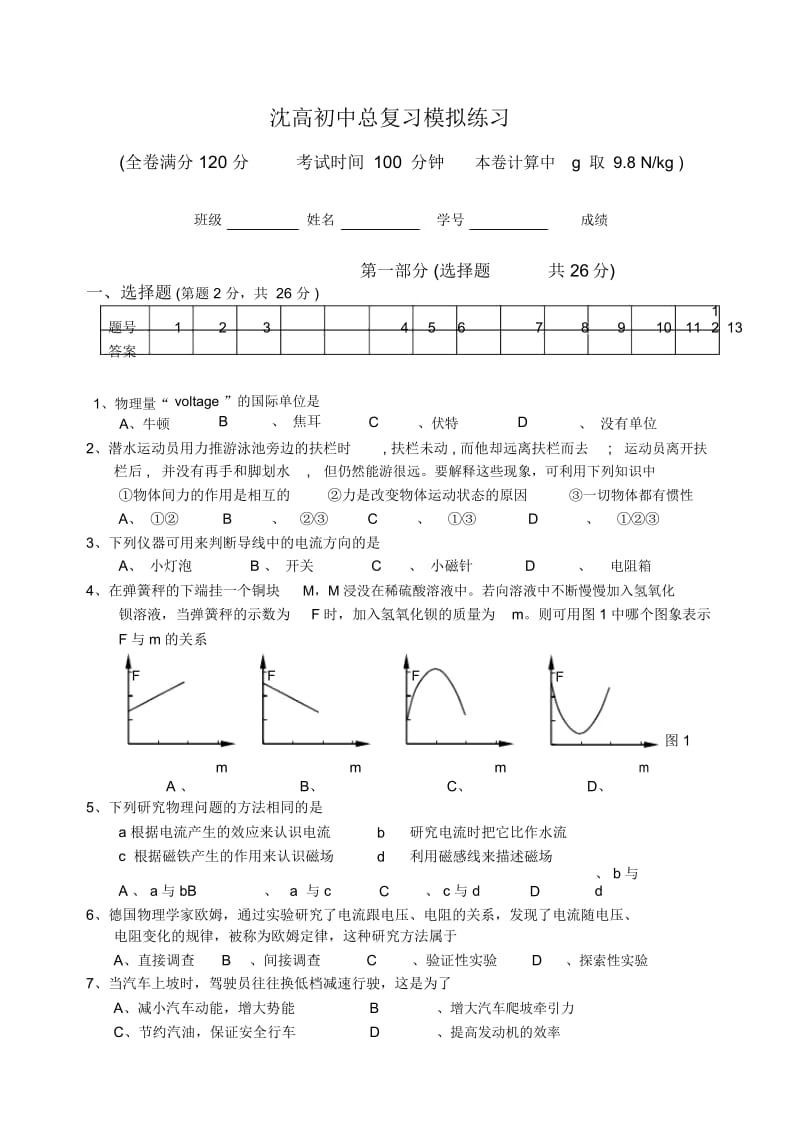 中考沈高初中模拟考试物理试题江苏教育版.docx_第1页