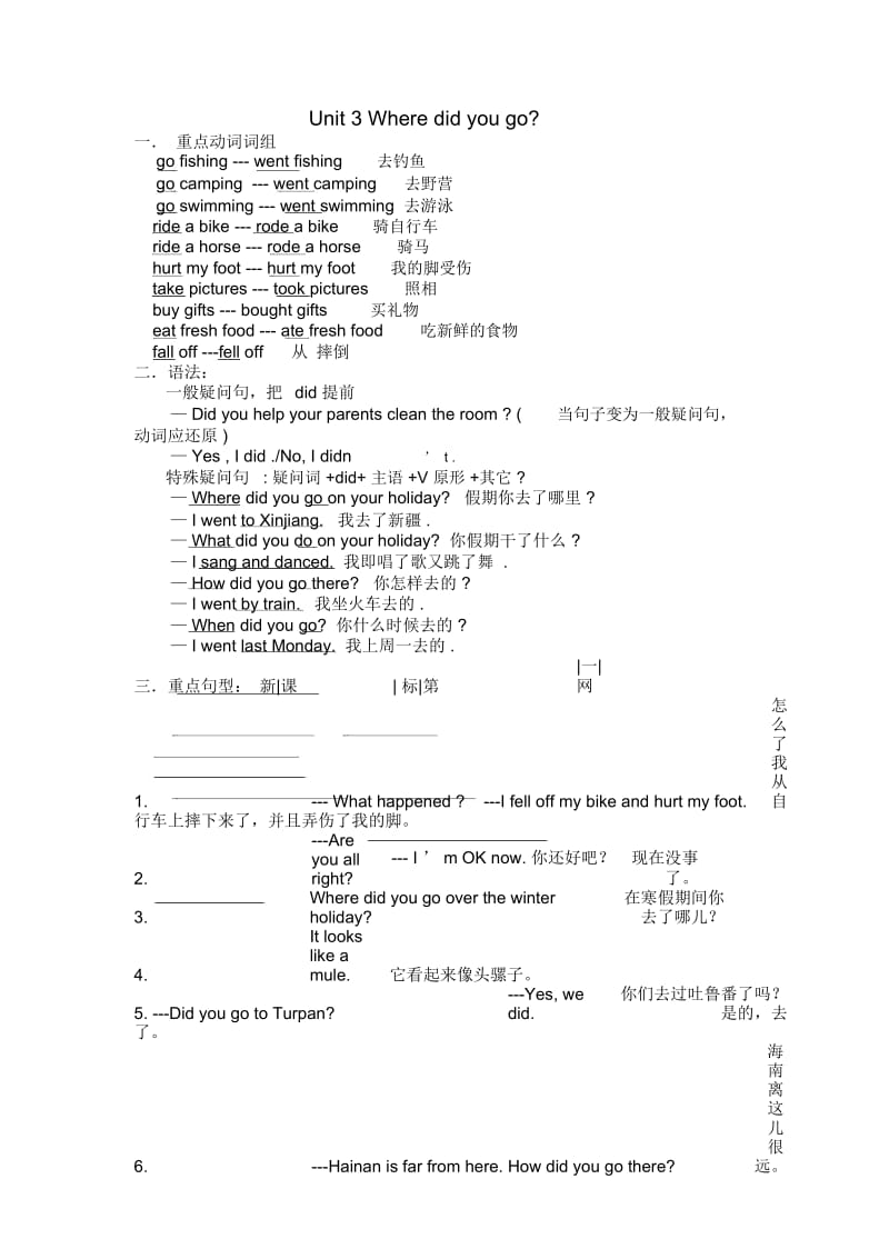 PEP六年级下册英语第三单元知识点Unit3Wheredidyougo.docx_第1页