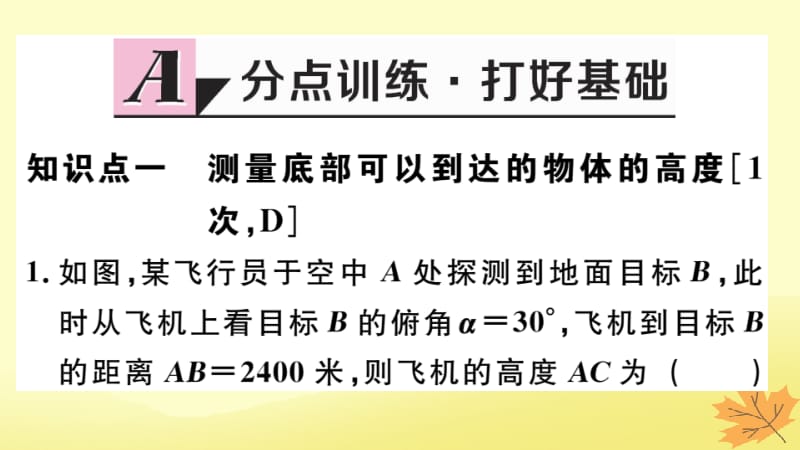 （江西专版）2019春九年级数学下册 第一章 直角三角形的边角关系 1.6 利用三角函数测高习题讲评课件 （新版）北师大版.pptx_第2页