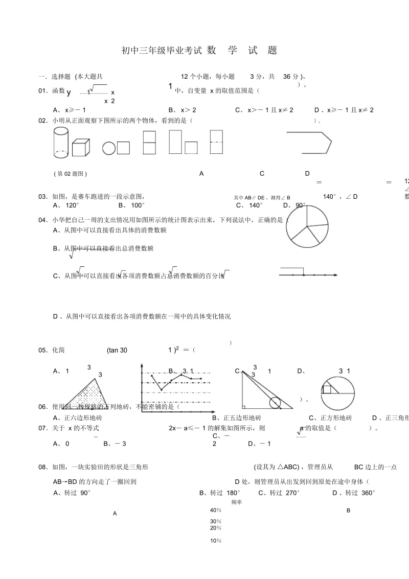 初中三年级毕业考试数学试题.docx_第1页