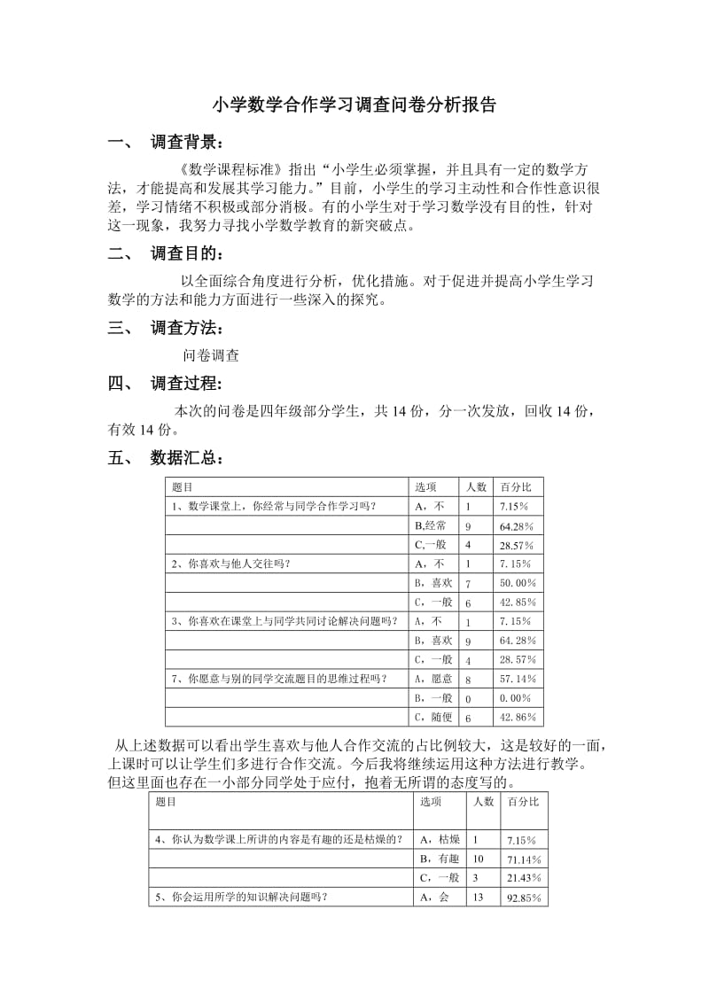 小学数学合作学习调查问卷分析报告.doc_第1页