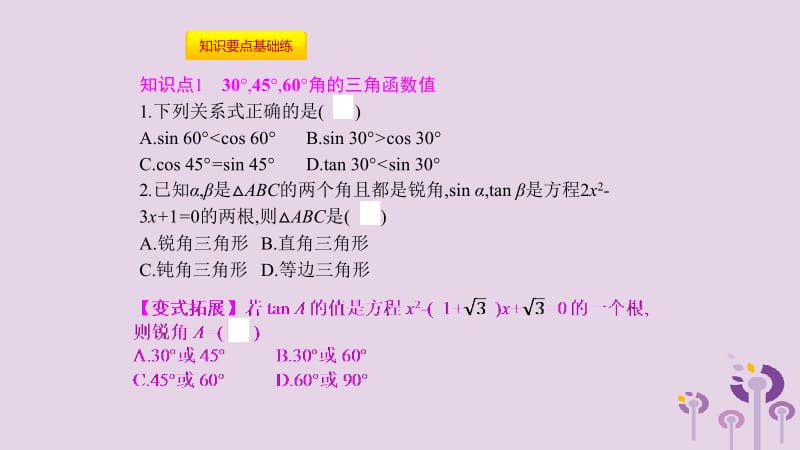 2019春九年级数学下册 第一章 直角三角形的边角关系 1.2 30&deg;45&deg;60&deg;角的三角函数值课件 （新版）北师大版.pptx_第2页