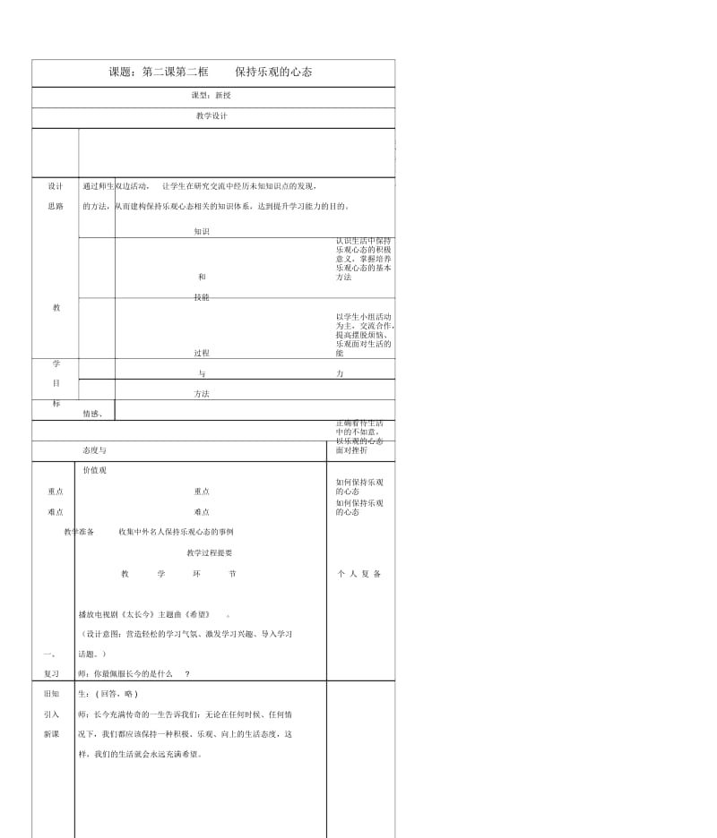 八年级思想品德上册第二课《保持乐观的心态》第二框教案苏教版.docx_第1页