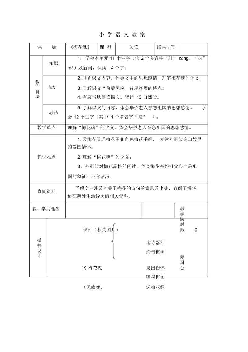 北京版六年级下册语文教案梅花魂教学设计.docx_第1页