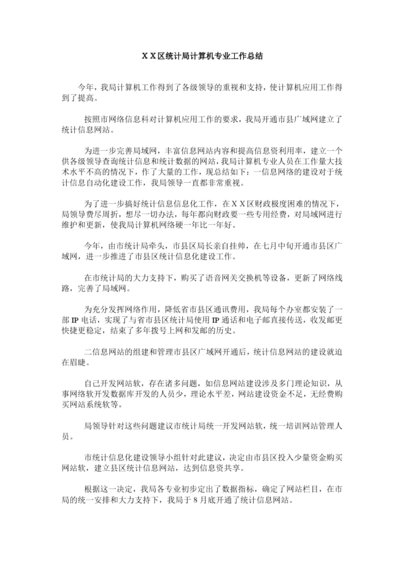 XX区统计局计算机专业工作总结.docx_第1页