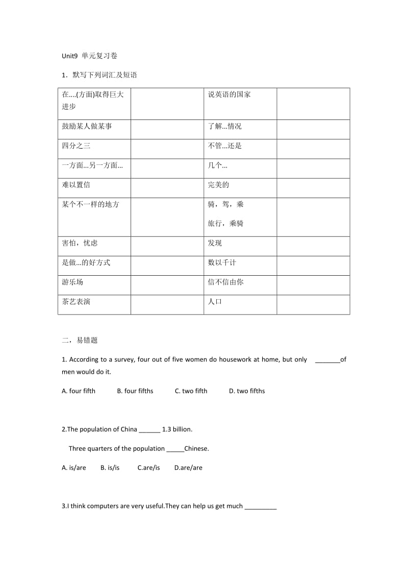 初中八年级英语下册-Unit9单元复习卷.docx_第1页