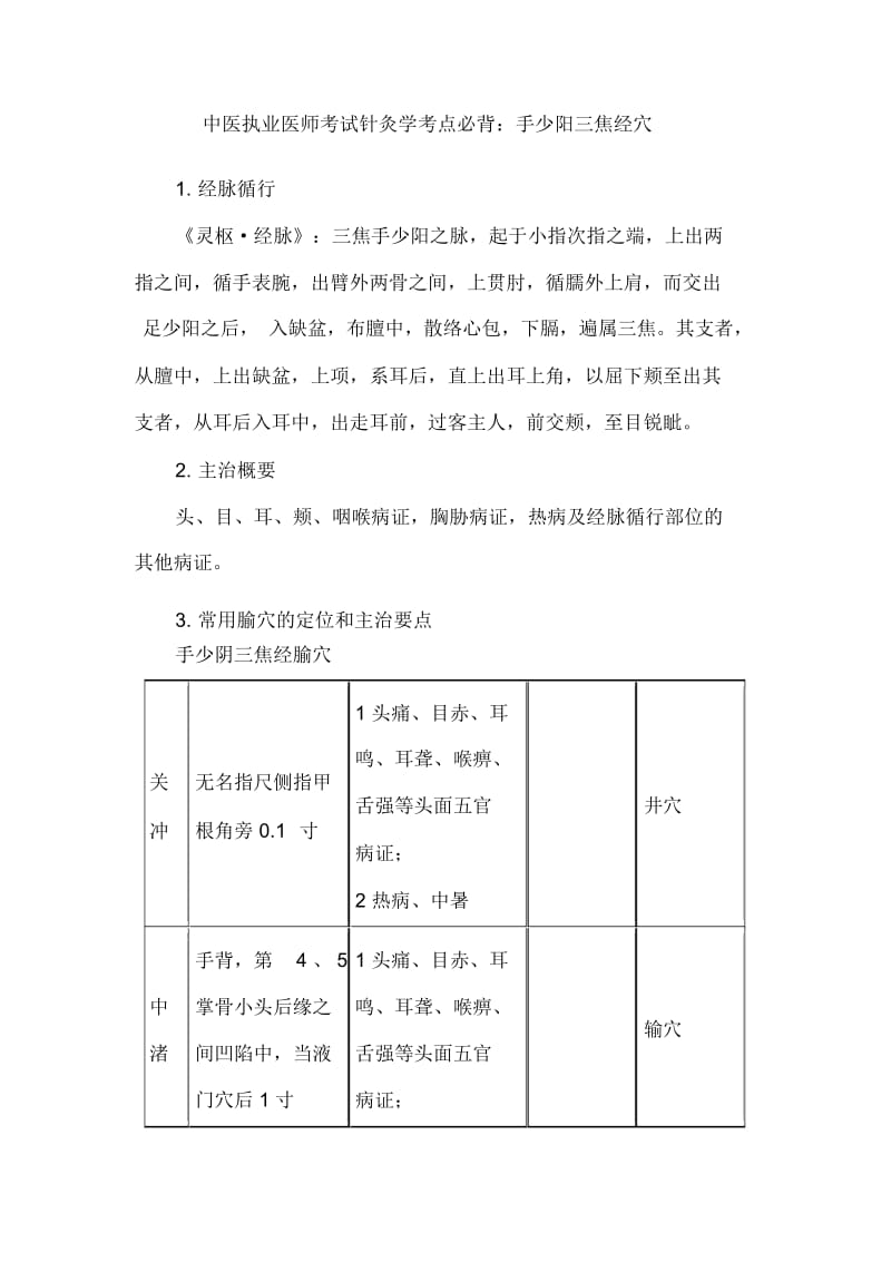 中医执业医师考试针灸学考点必背：手少阳三焦经穴.docx_第1页