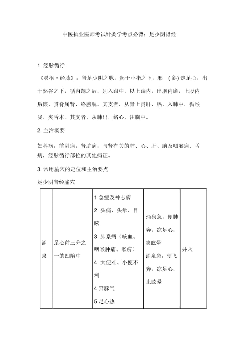 中医执业医师考试针灸学考点必背：足少阴肾经.docx_第1页