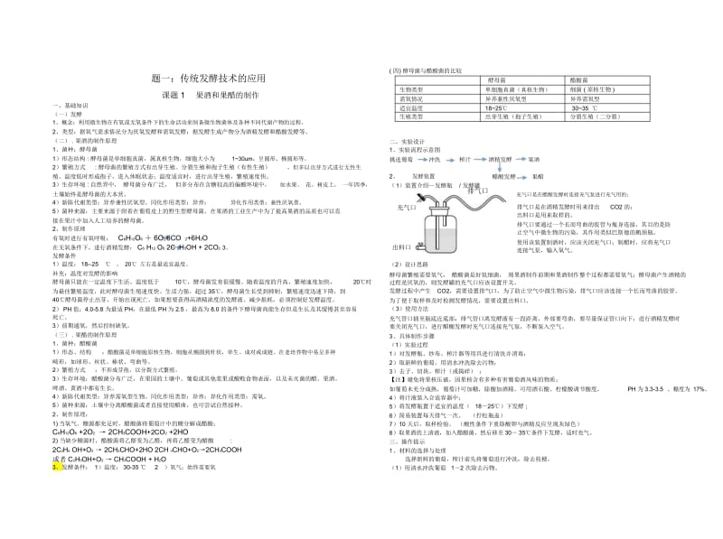 生物选修一专题一课题一果酒和果醋的制作详尽知识点.docx_第1页