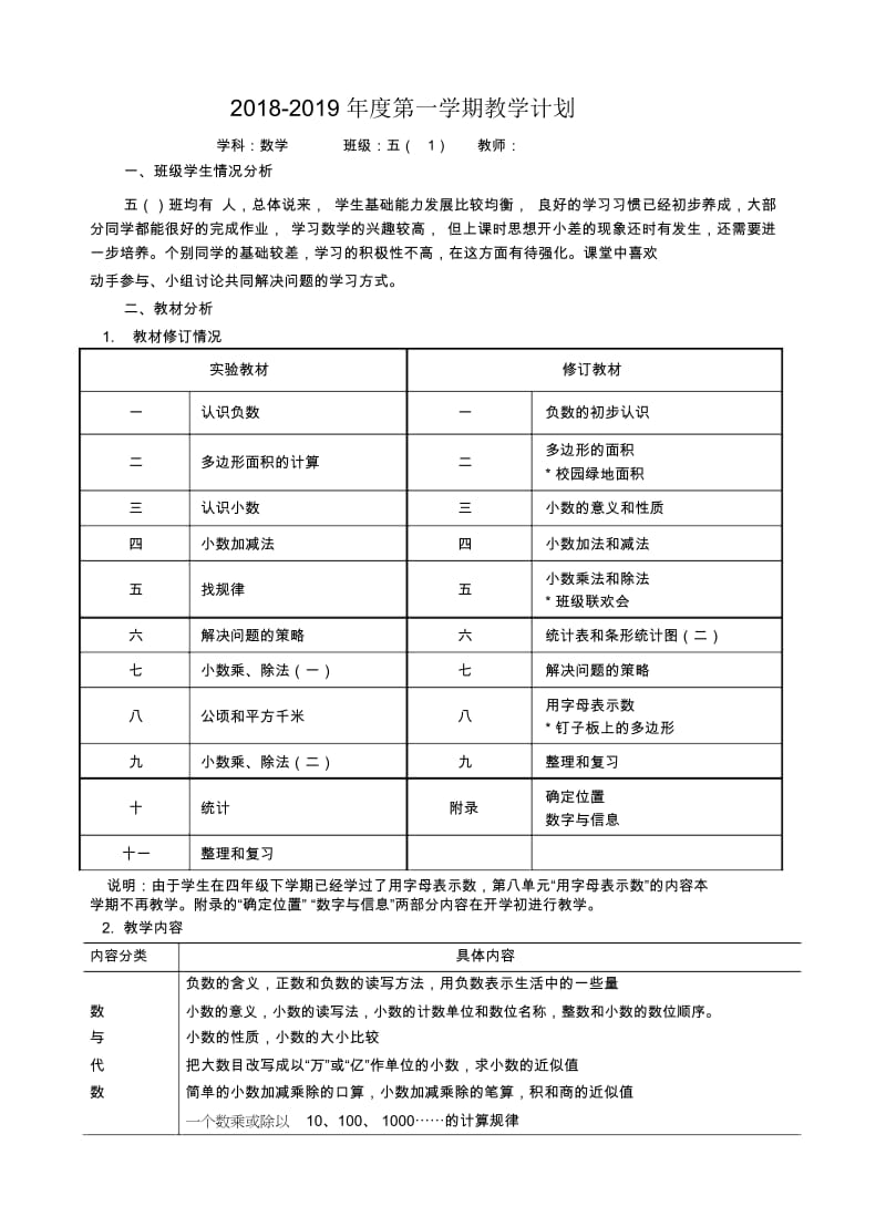 第一学期苏教版五年级上册教学计划(新教材).docx_第1页