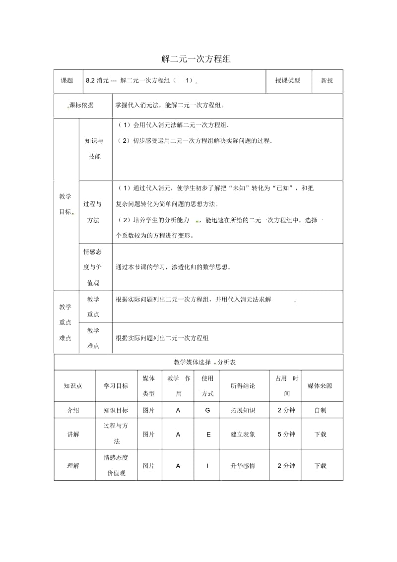 陕西省安康市石泉县池河镇七年级数学下册8.2消元—解二元一次方程组(一)教案(新版)新人教版.docx_第1页