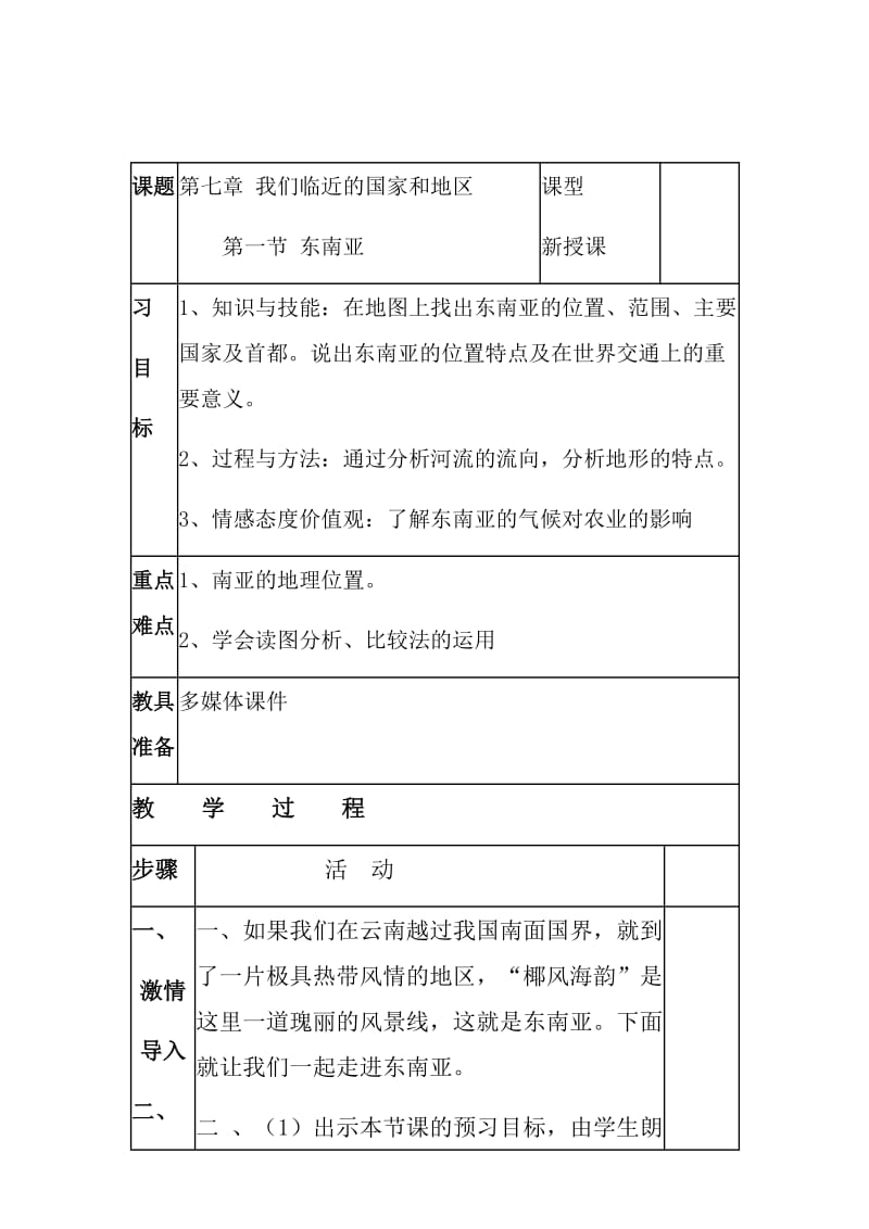 新人教版七年级地理下册《七章　我们邻近的地区和国家第二节　东南亚》教案_12.docx_第1页