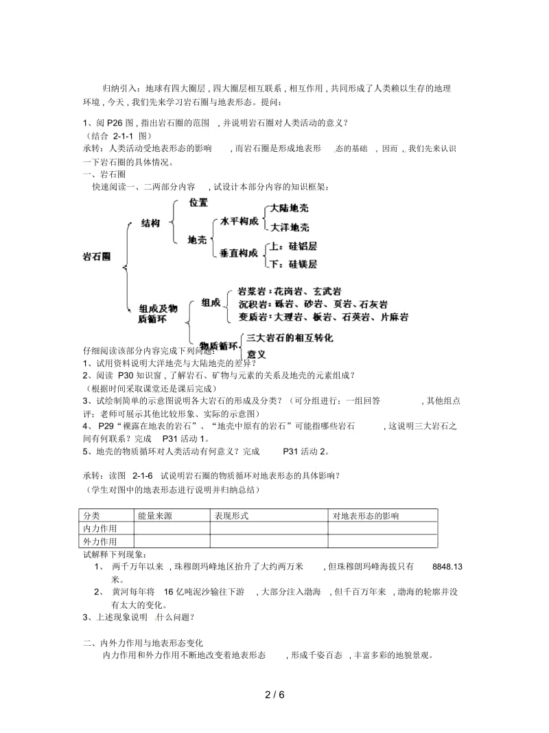 鲁教版必修1第二单元第一节《岩石圈与地表形态》教案.docx_第2页