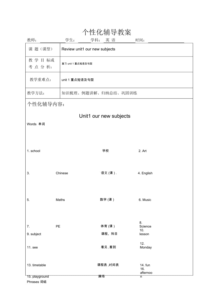 译林小学英语四年级4Bunit1ournewsubjects知识点与练习.docx_第1页