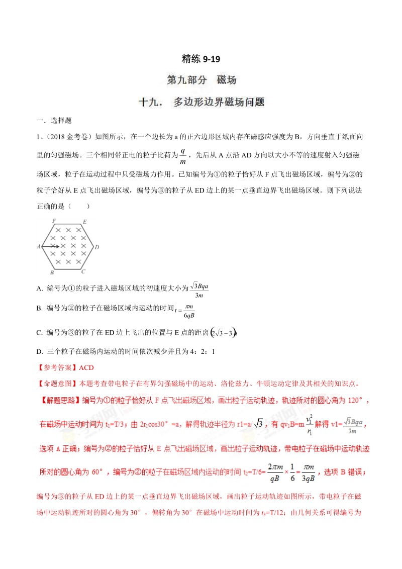 高考物理二轮考点精练专题9.19《多边形边界磁场问题》（含答案解析）.doc_第1页