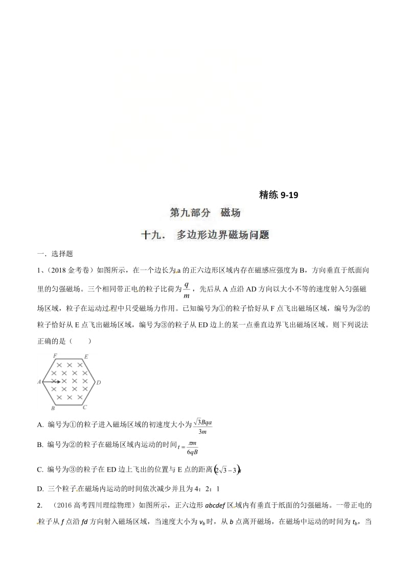 高考物理二轮考点精练专题9.19《多边形边界磁场问题》（学生版）.doc_第1页