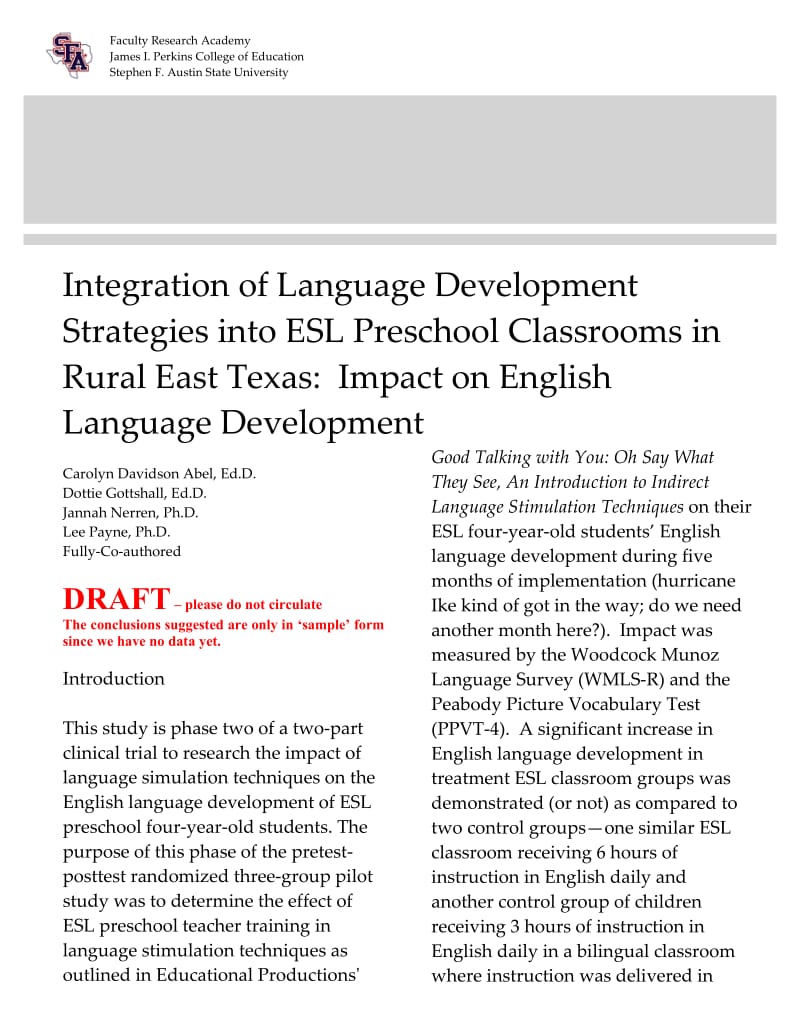 Integration of Language Development Strategies into ESL Preschool Classrooms in Rural East Texas Impact on English Language Development.doc_第1页