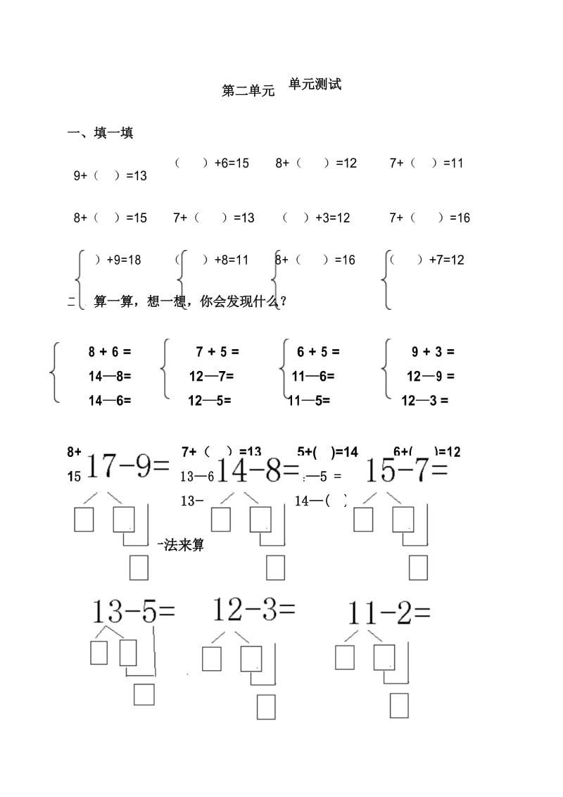 2017年人教版一年级数学下册第二单元20以内的退位减法 单元测试卷.docx_第1页