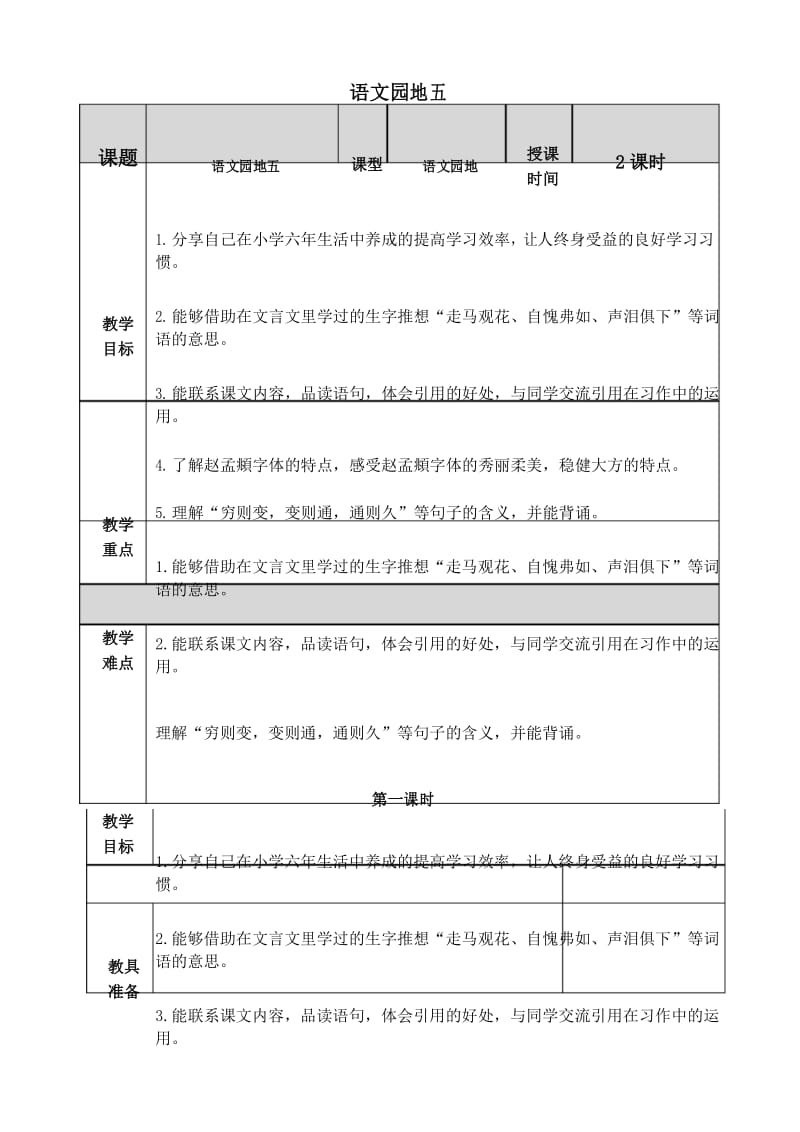 (部编版)统编六年级语文下册《语文园地五》表格教案(教学设计).docx_第1页