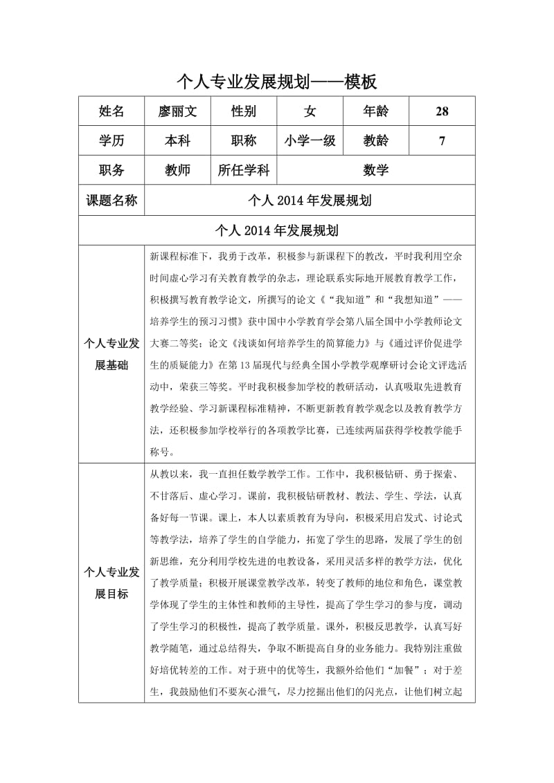 廖丽文个人专业发展规划模板.docx_第1页