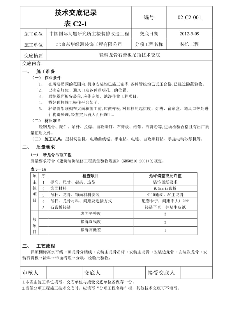 轻钢龙骨石膏板吊顶技术交底.doc_第1页