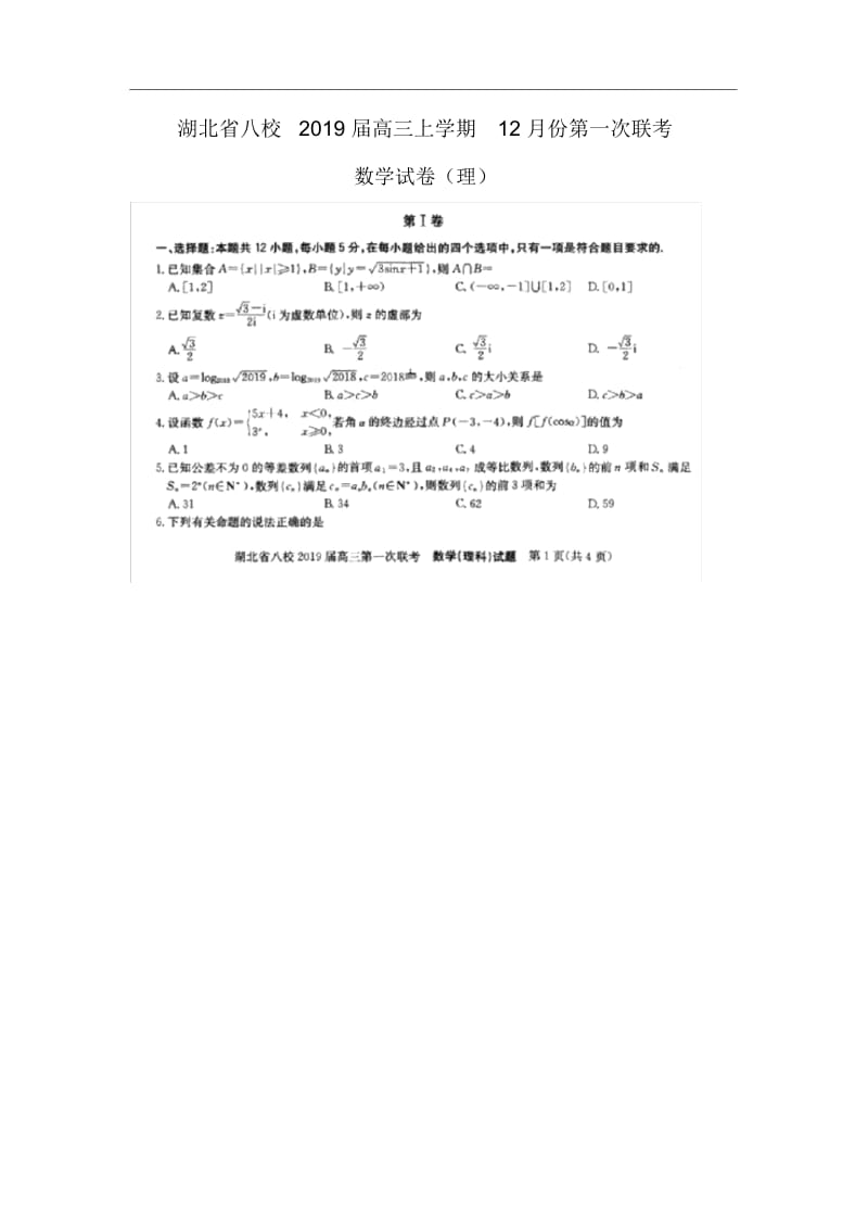 【数学】湖北省八校2019届高三上学期12月份第一次联考试卷(理)(扫描版).docx_第1页