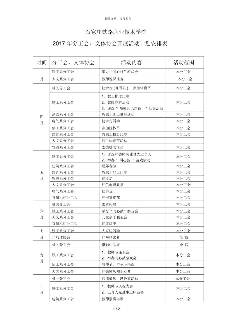 石家庄铁路职业技术学院2017 年分工会、文体协会开展活动计划安排表.docx_第1页