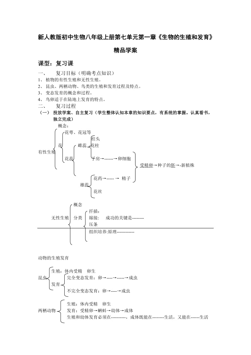 新人教版初中生物八年级上册第七单元第一章《生物的生殖和发育》精品学案.doc_第1页