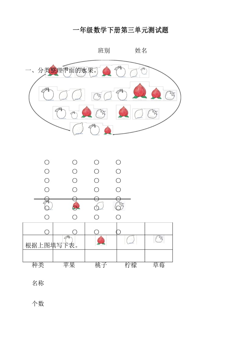 新部编人教版小学数学一年级(第二册)下册分类与整理测试卷.docx_第1页