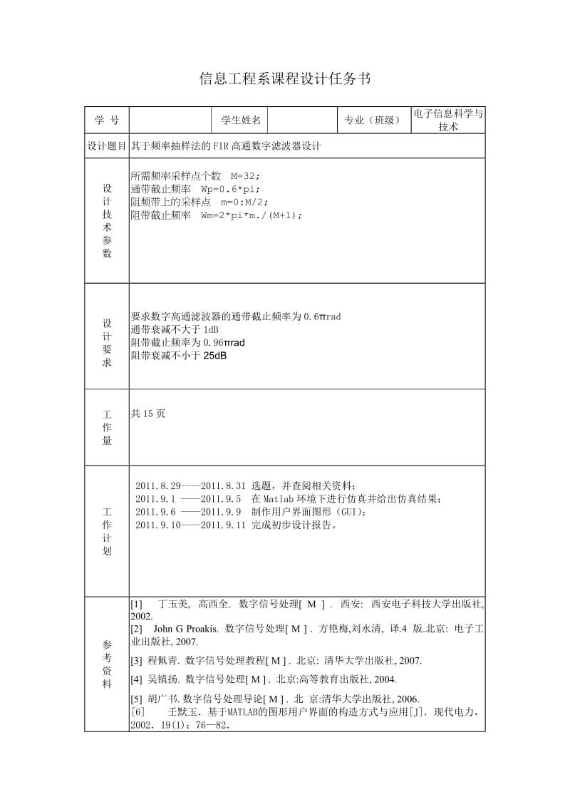 信息工程系课程设计基于频率抽样法的FIR高通数字滤波器设计.doc_第2页