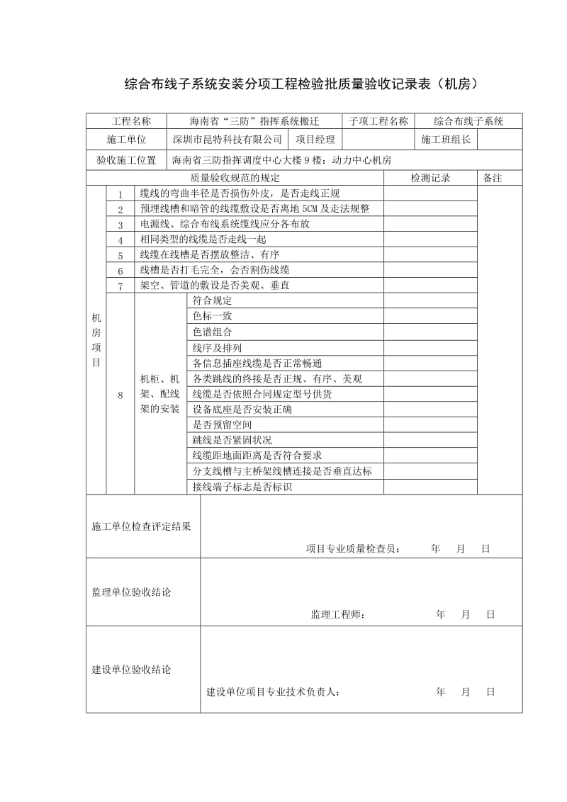 建筑93综合布线子系统安装分项工程检验批质量验收记录表机房、信息点.doc_第1页