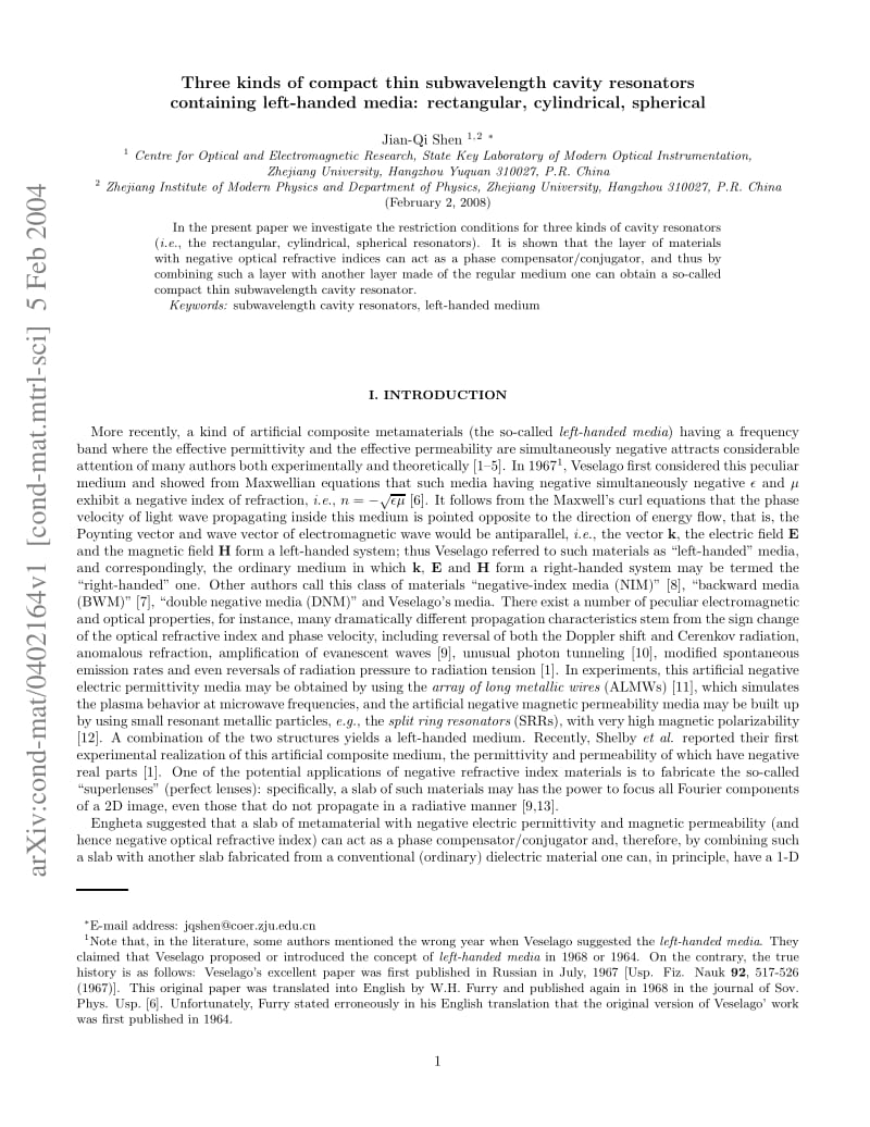 Three kinds of compact thin subwavelength cavity resonators containing lefthanded mediarectangular.pdf_第1页