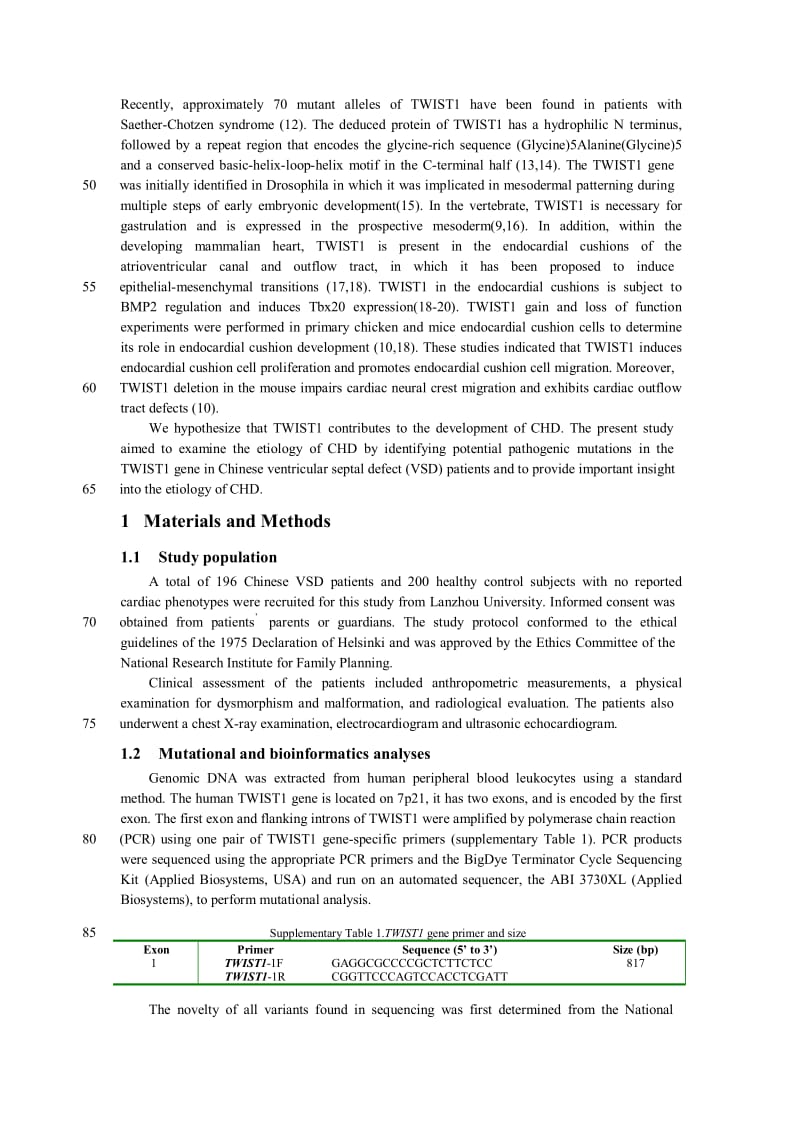 Functional analysis of two novel mutations in TWIST1 protein motifs found in ventricular septal defect patients DENG Xiaopeng1, WANG Binbin2,3, WANG Jing2,3, PAN Hong2,3, CHENG Zhi2,3,【推荐论文】.doc_第2页