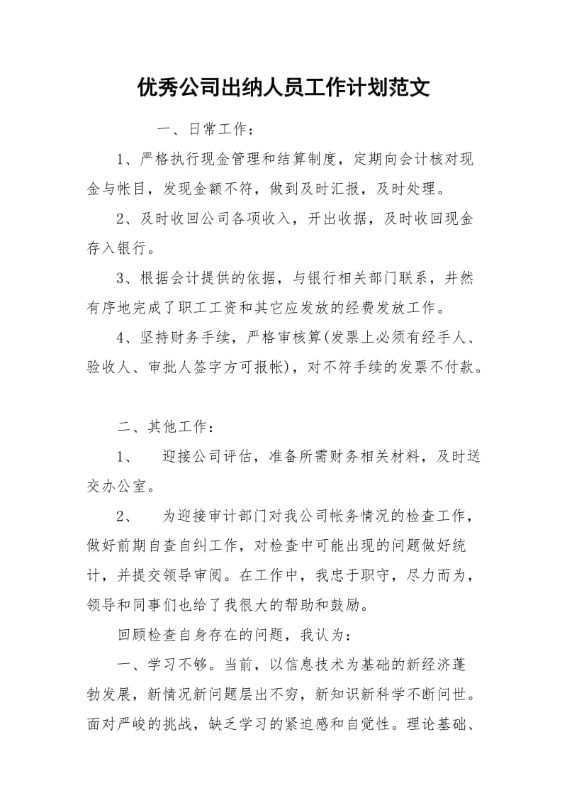 优秀公司出纳人员工作计划范文.docx_第1页