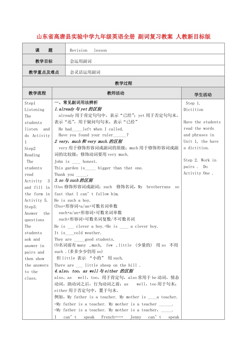 山东省高唐县实验中学九年级英语全册 副词复习教案 人教新目标版.doc_第1页