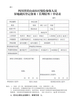 表1 表1 四川省眉山市医疗保险参保人员 异地就医登记备案（长期驻外）申请表 备注：1 本表一式三份报参保地经办机构2份 参保单位1份 2 除本表外长期派驻外地工作人员.doc