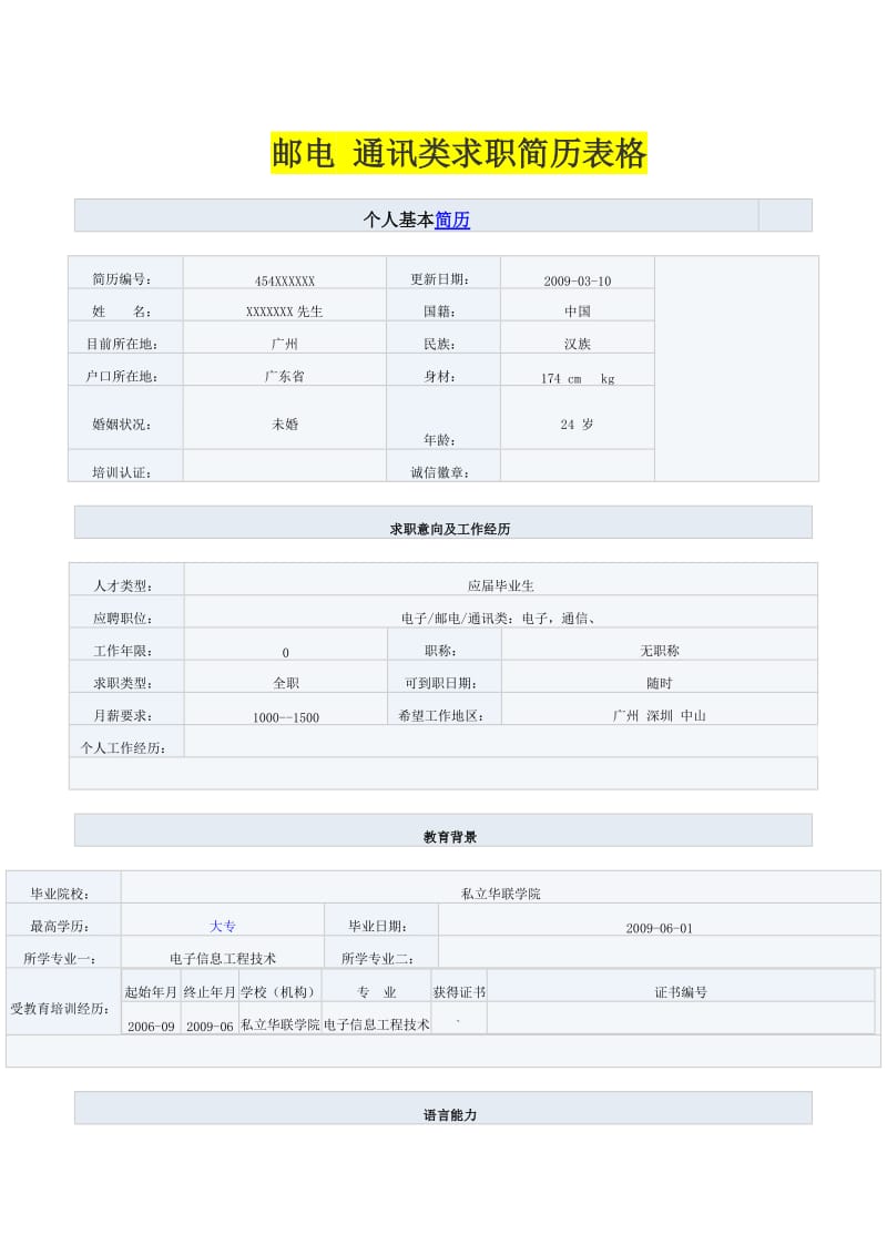 邮电 通讯类求职简历表格.doc_第1页