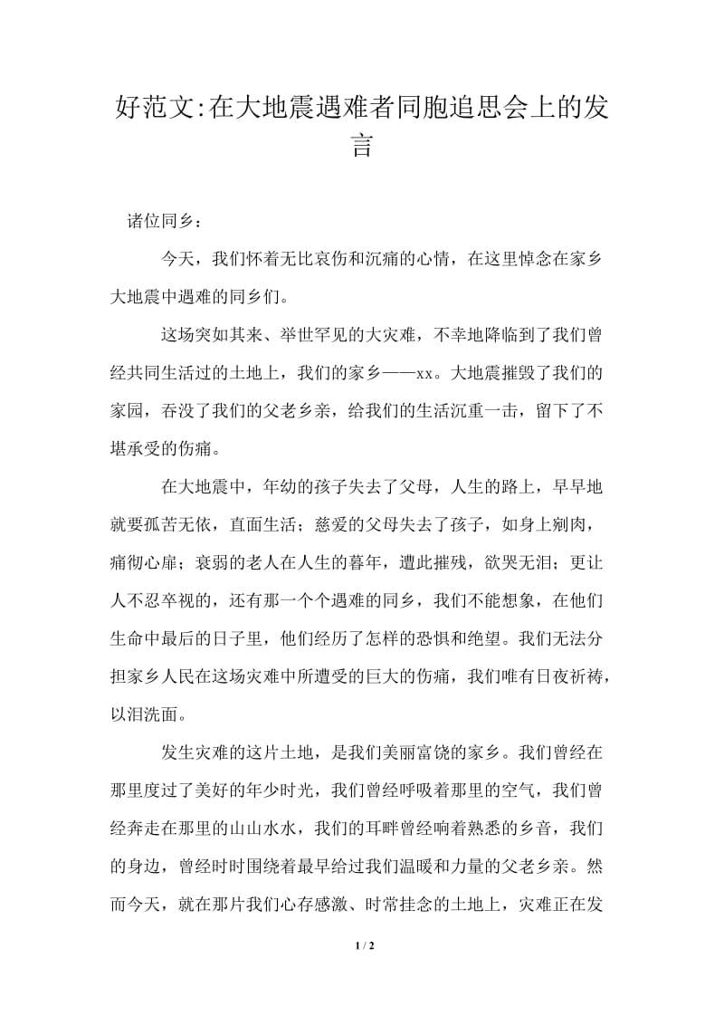 在大地震遇难者同胞追思会上的发言.doc_第1页