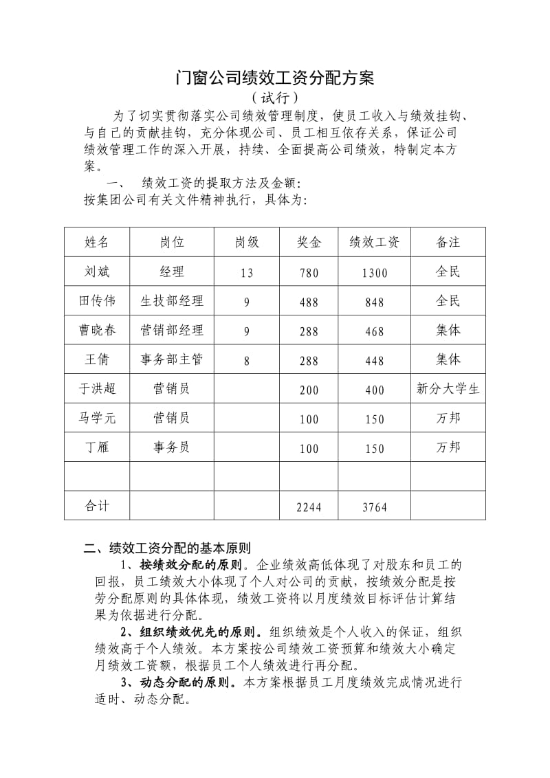 门窗公司绩效工资分配方案.doc_第1页