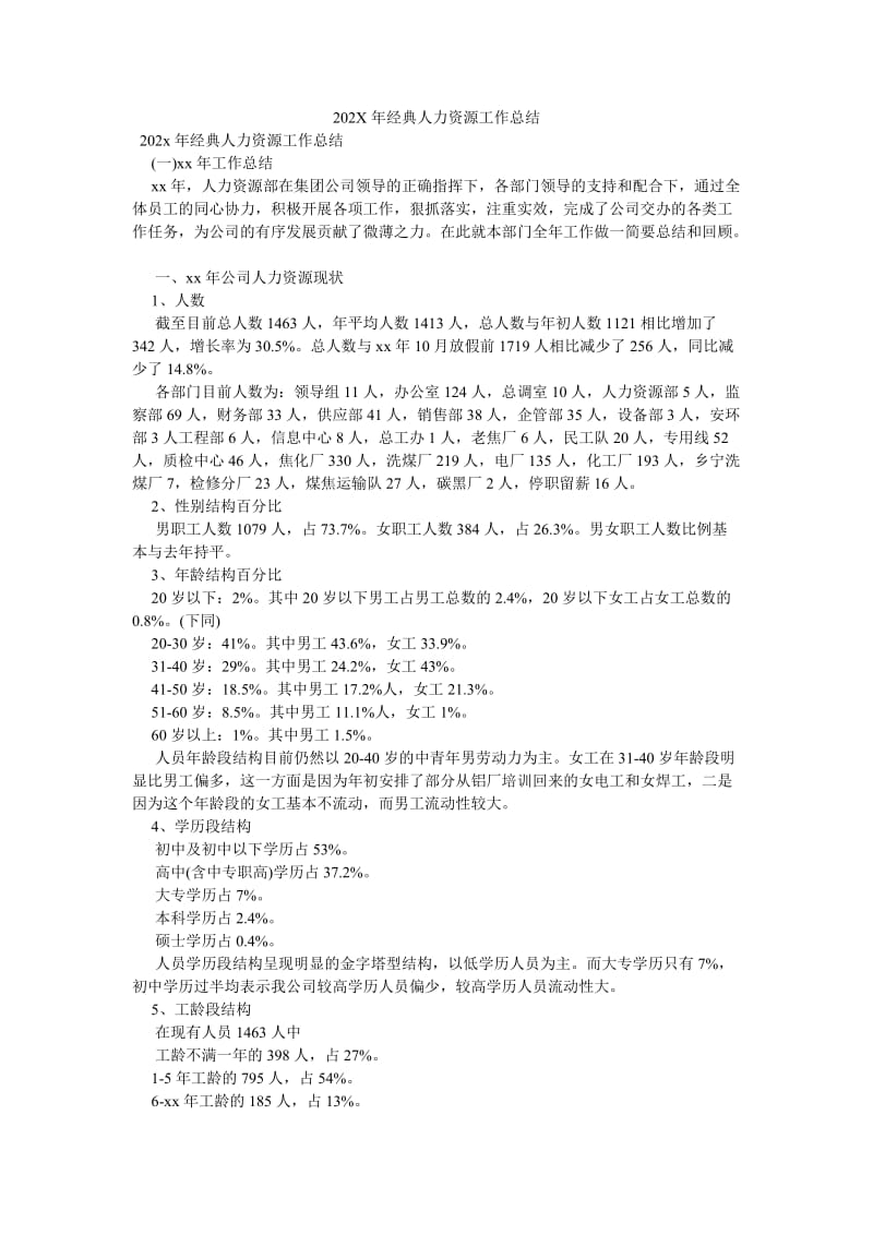 《202X年经典人力资源工作总结》.doc_第1页