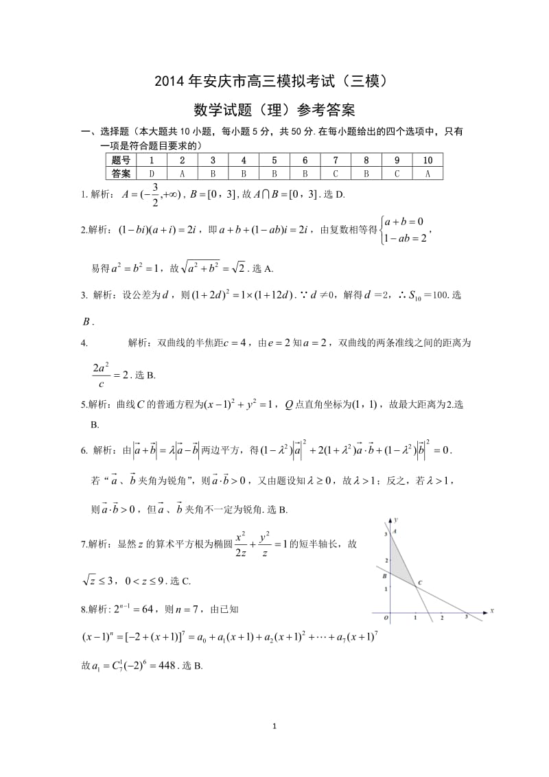 安庆市2014届高三第三次模拟考试数学理参考答案.doc_第1页