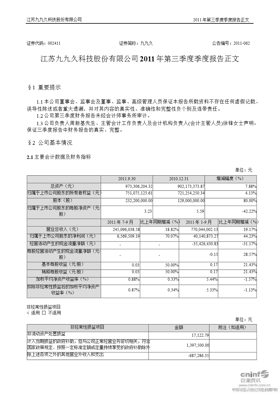 九九久：第三季度报告正文.ppt_第1页