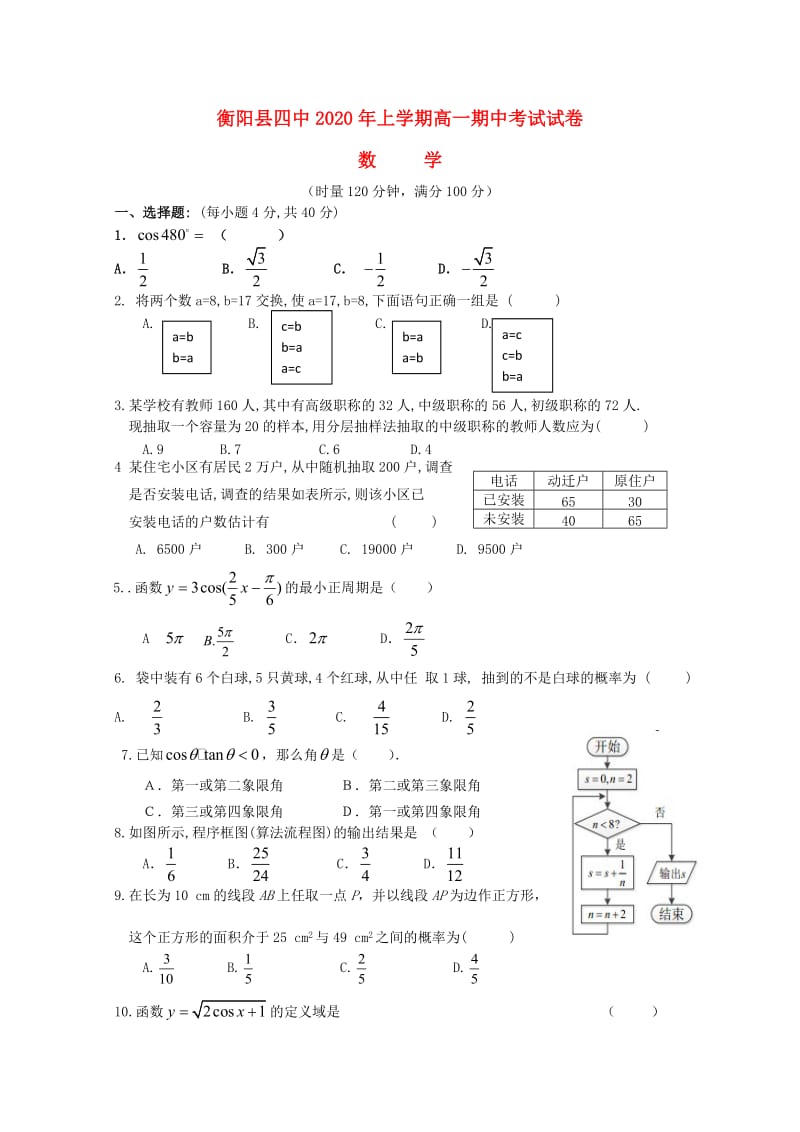 湖南省衡阳县第四中学2020学年高一数学下学期期中试题（无答案）（通用）.doc_第1页