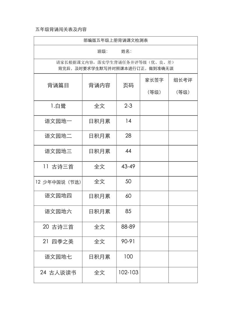 部编版小学五年级课文背诵闯关表及内容.docx_第1页