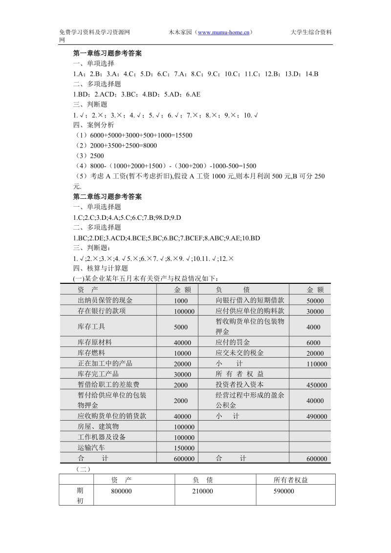 基础会计学课后练习题答案（清华大学出版社）.doc_第1页