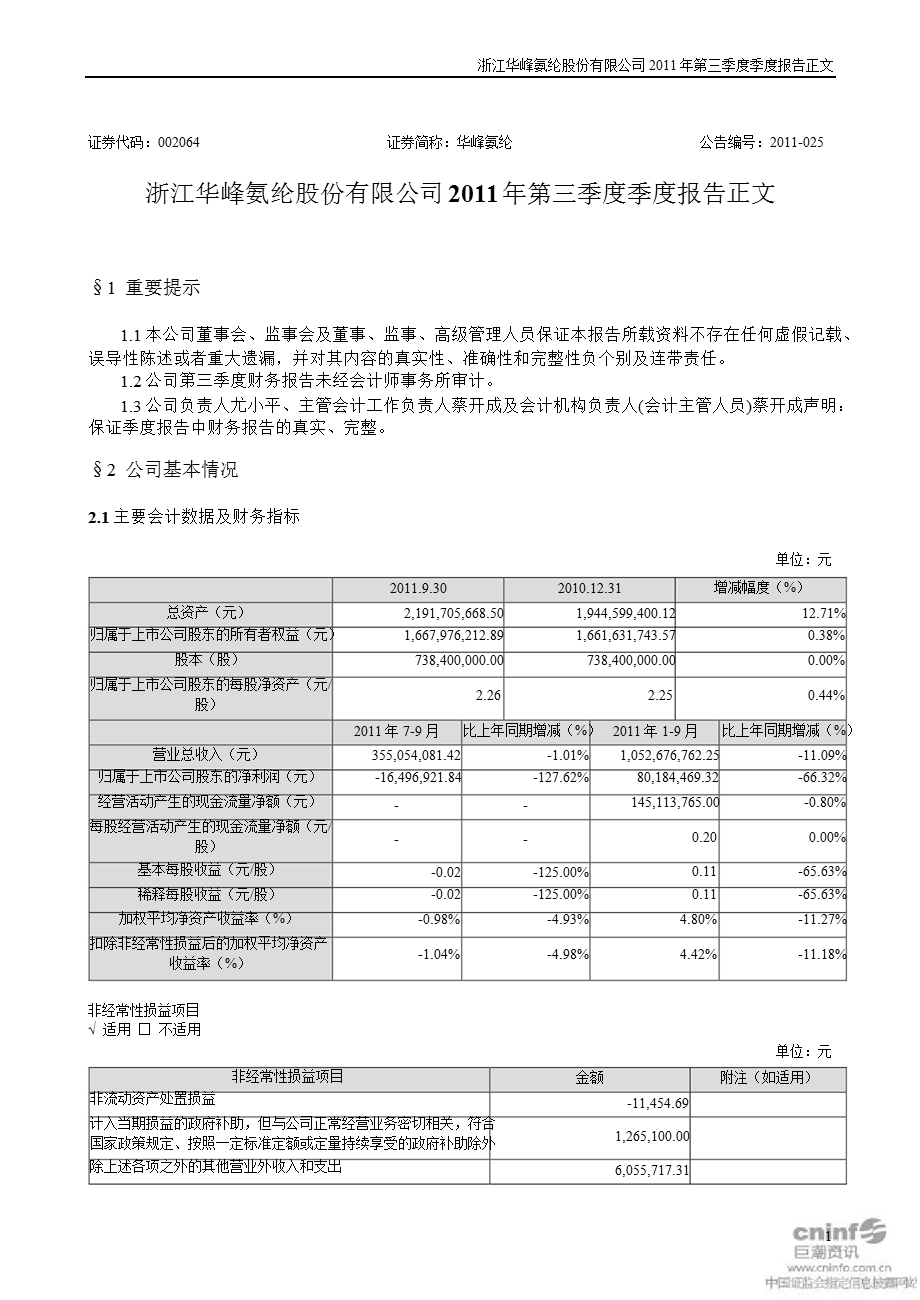 华峰氨纶：第三季度报告正文.ppt_第1页