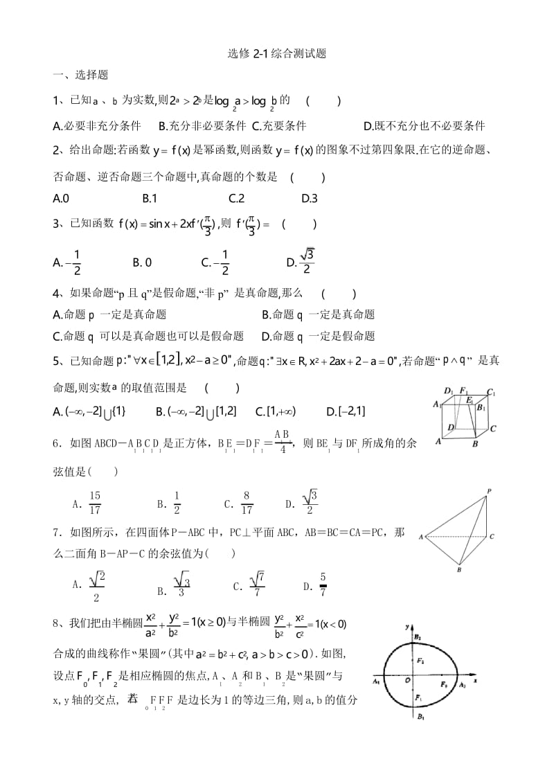 高中数学选修2-1综合测试题及答案.docx_第1页