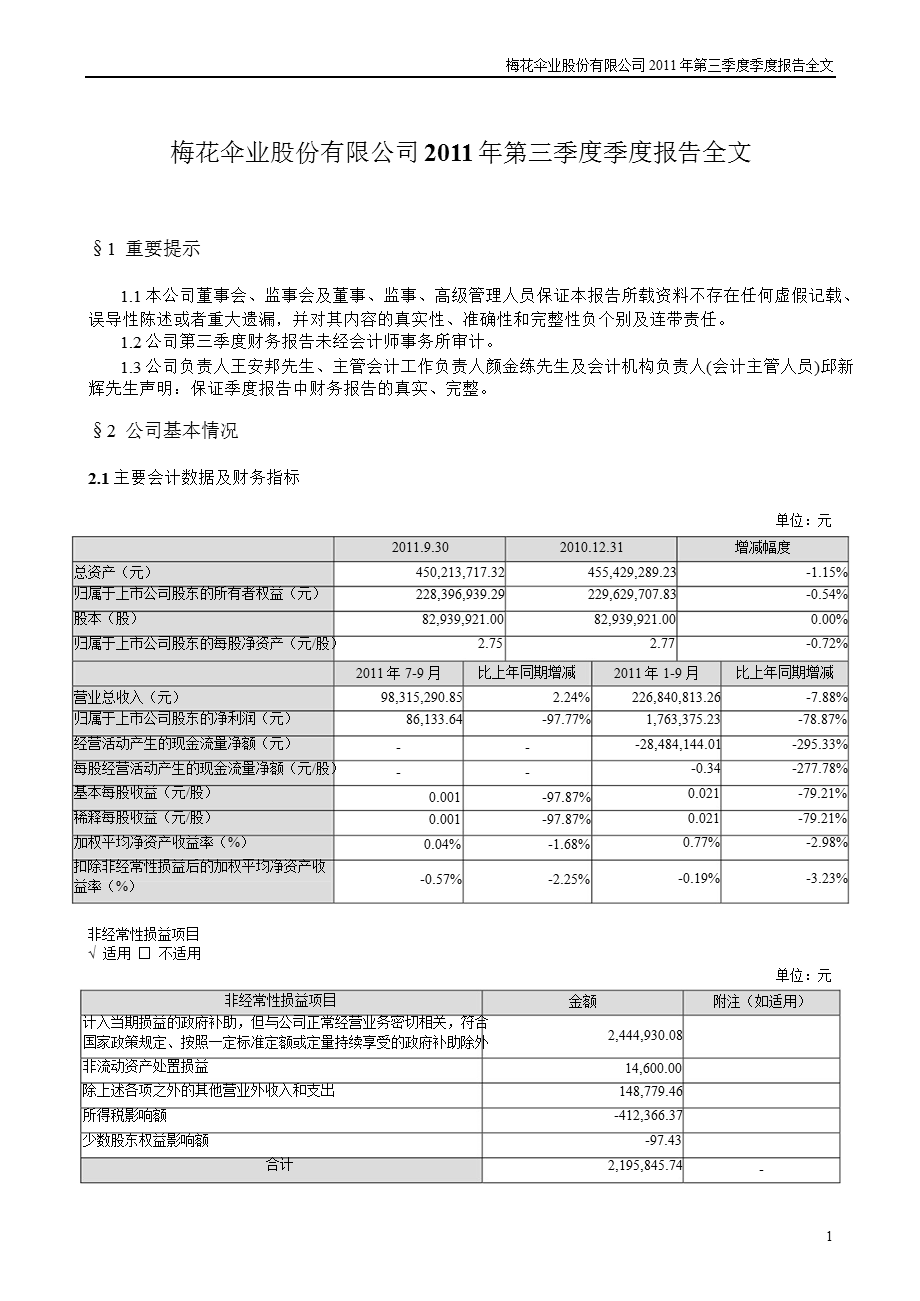 梅 花 伞：第三季度报告全文.ppt_第1页